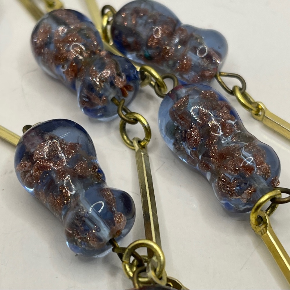Vintage Blue Gold Venetian Glass Beaded Linked Necklace Unsigned Beauty 1960's